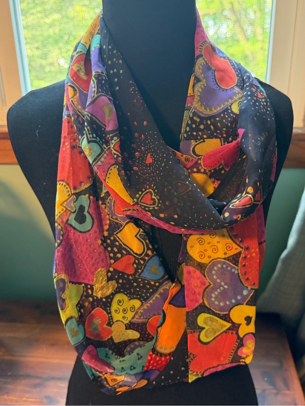 Laurel Burch infinity scarf with rainbow hearts